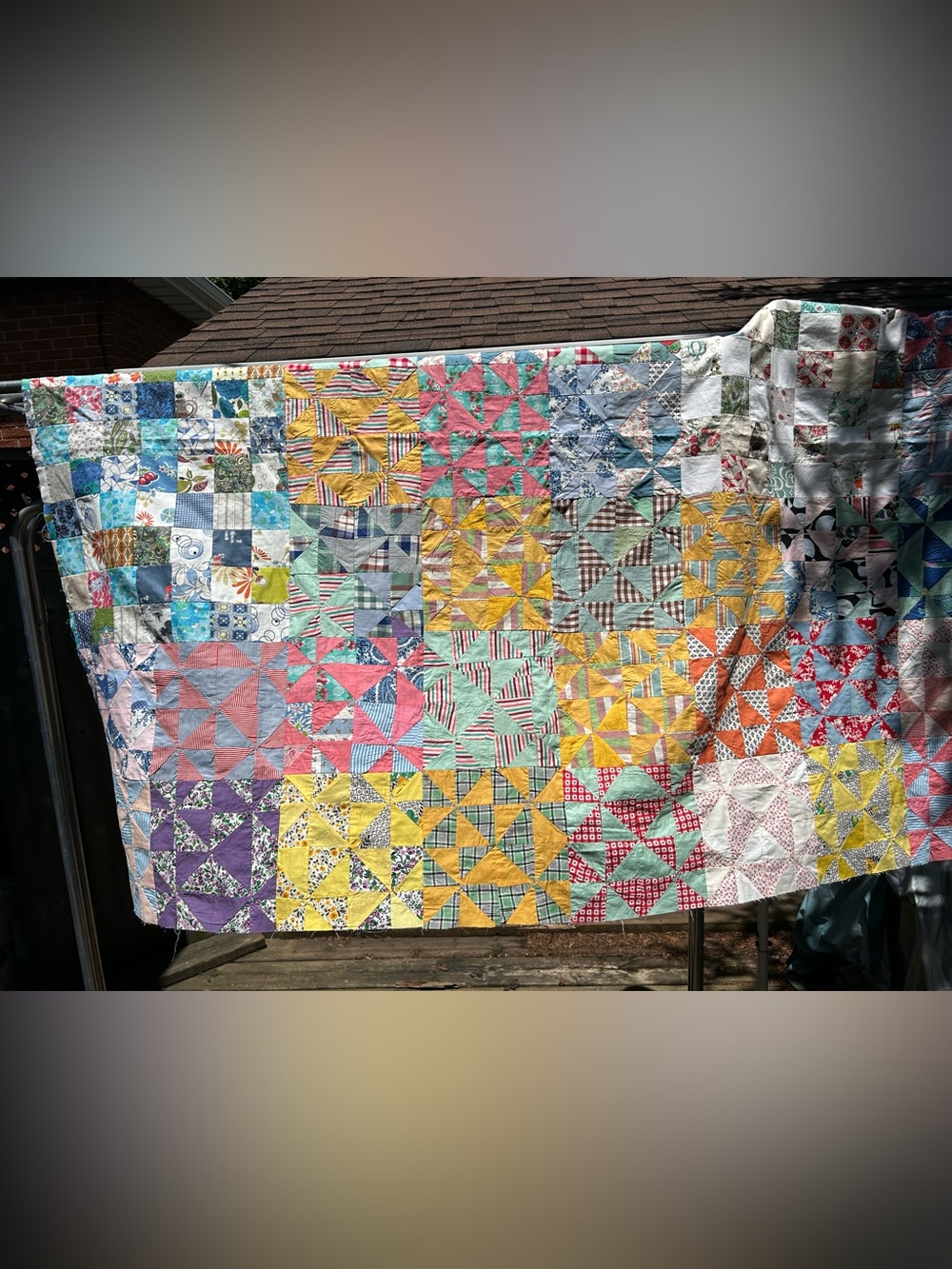 Vintage hand made beautiful multi-color patchwork quilt top, 64”x56”